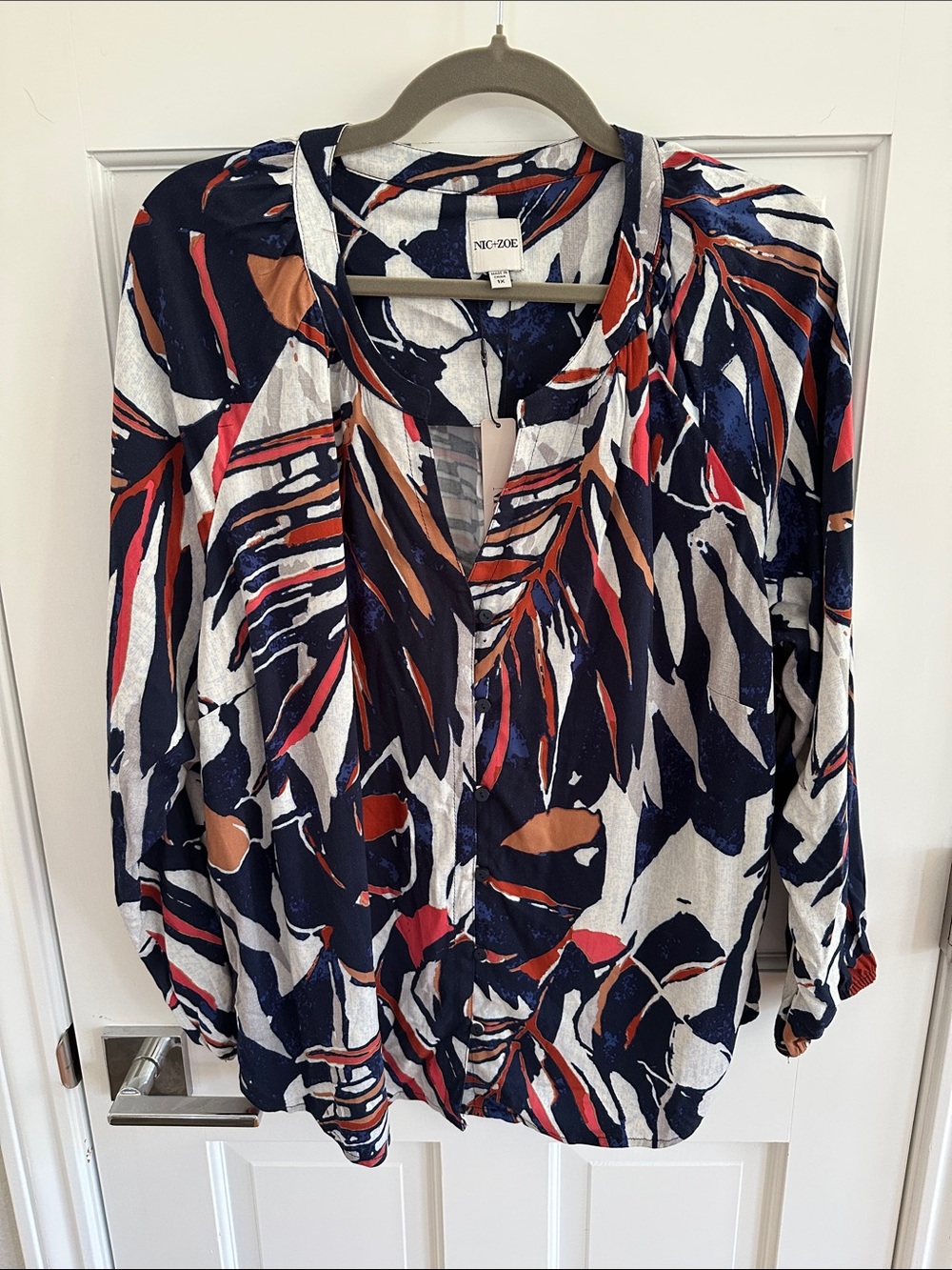 NIC+ZOE Navy Abstract Split-Neck Blouse with Cream and Rust Accents
